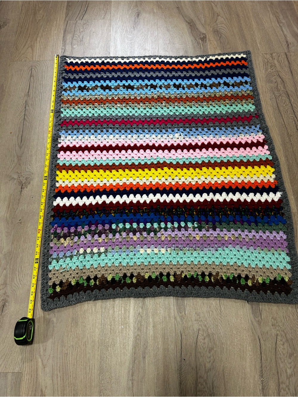 Handmade Multicolor Crochet Blanket with Gray Border